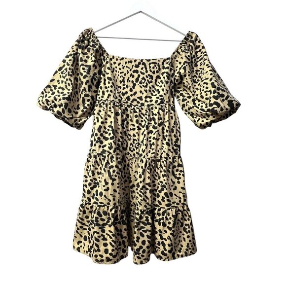 Faithful The Brand Women's Tiered Animal Print Dress Puff S/S Size 4 Smock Tie - Picture 1 of 16